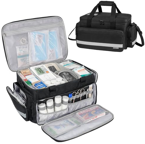 Jaffzora Medical Bag, Medical Equipment Case Empty, Large Home Health Nurse Bag with Shoulder Strap, Medication First Aid Organizer for Therapist, Doctors, Nursing Students (Black)