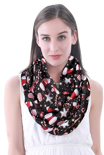 Lina & Lily Damen Loop Schal mit Weihnachts-Muster (Schwarz Rot Weiß, Socken Bonbons Sterne)