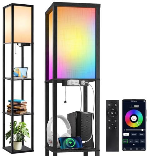 OUTON RGB Floor Lamp with Shelves, Dimmable Floor Lamp with Remote & App, 16 Million DIY Colors, Charging Station, LED Column Tall Standing Lamp for Living Room, Bedroom Office
