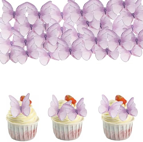 ALEGRE Essbare Schmetterlinge für Torte,48 Stück Esspapier Tortendeko Schmetterlinge Deko Torte Geburtstag,Lila Schmetterlinge Cupcake Topper Essbar,Kuchen Deko Essbar Muffin Deko Hochzeit,Taufe