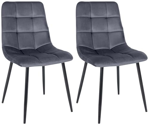 CLP 2er Set Esszimmerstuhl Tilde, Küchenstühle gepolstert mit gestepptem Bezug, Polsterstühle mit Metallgestell, bis 150 kg belastbar, Farbe:dunkelgrau, Material:Samt