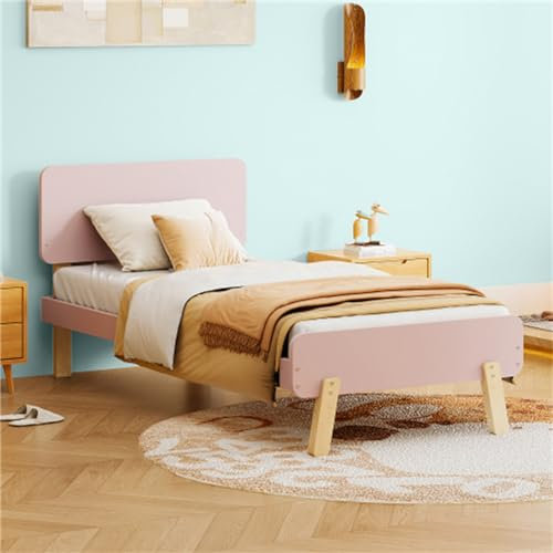 hrijusdif Kinder-einzelbett 90x190 cm, Massivholz Mit Lattenrost, Elegantes Kopf- Und Fußdesign, Einfacher Aufbau, Angenehmer Schlaf(Color:Rosa + Massivholz)