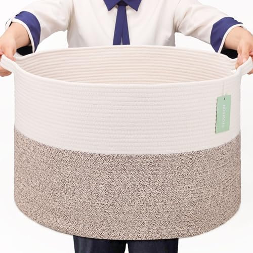 BOSROTY Extra Large Blanket Basket 87L, Laundry Hamper, Baby Nursery Hamper for Storage Toys Clothes Towels, Large Cotton Rope Laundry Basket for Girls Boys, 55 x 35 CM, White & Brown