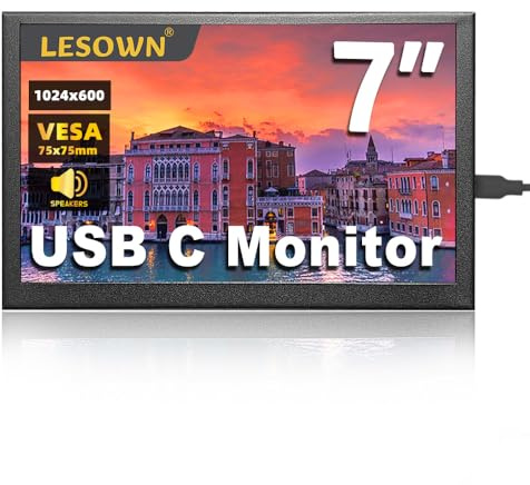 LESOWN Mini Mini Monitor 7 Inch HD IPS 1024x600 LCD Screen 7 Inch USB C Portable Monitors External Display for Phone Laptop PC Built-in Speakers (P70D)