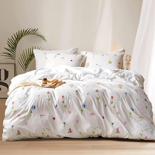 Tospass Blumen Bettwäsche 135x200 cm Weiß Bunt Blätter Pflanzen Muster Bettwäsche Set Floral Bettbezug Mikrofaser Wende Bettwäsche 1 Deckenbezug mit Reißverschluss 1 Kissenbezug 80x80 cm