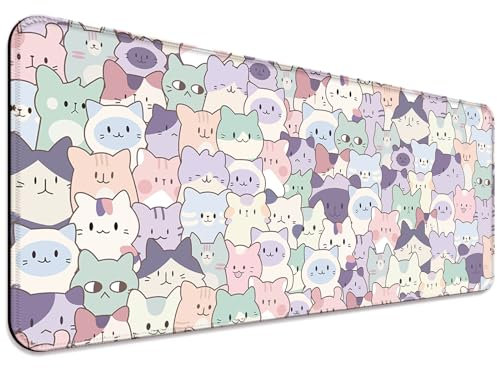 JIANG100 Cute Pink Cat Gaming Desk Mat, Computer Keyboard Large Extended Kawaii Pastel Cat Mouse Pad for Office and Home, 31.5×11.8 Inches, XL