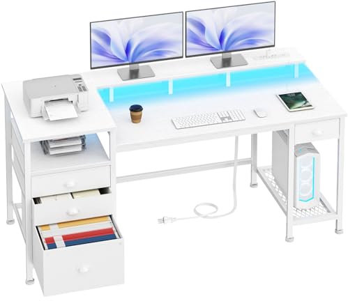 Furologee 60 White Office Computer Desk with 4 Drawers,Gaming Desk with LED Lights and Power Outlets,Long Desk with Fabric File Cabinet,Study Writing Work Table with Shelf for Bedroom Home Office