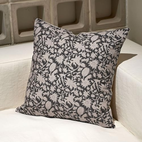 Amor Virisso Kissenbezug mit Blumenmuster, Couchkissen für Wohnzimmer, dekorativer Akzent, Blockdruck, Bauernhaus, neutrale Kissenbezüge, Sofakissen, 1 Stück, Schwarz