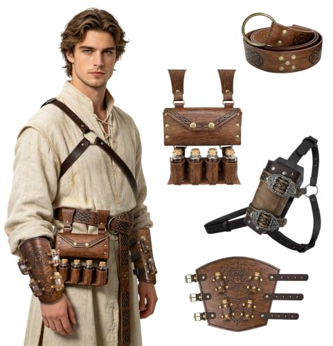 EpicCos 4 PCs Alchemie Gürteltasche Set, Zaubertrankflasche Handgelenkschutz und Gürteltaschenbeutel, O-Ring Gürtel mit Schwerthalterung für LARP