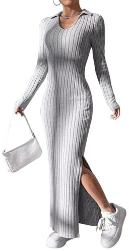 Women's Knit Bodycon Long Dress Elegant Long Sleeve Lapel Collar Split Sweater Dress Fall Winter Going Out Dress Streetwear (A-Gray, L)