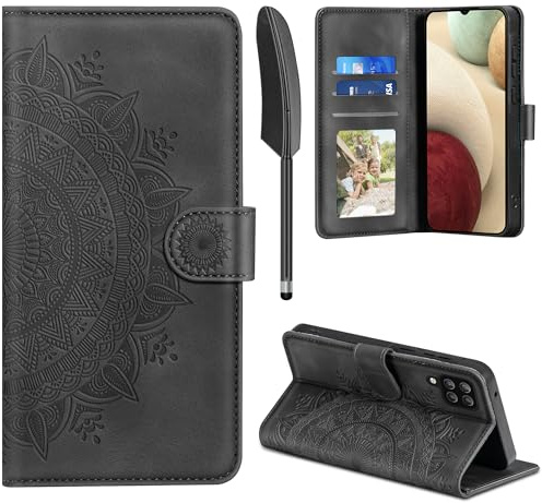 Handyhülle für Samsung Galaxy A12/M12, Hülle für Samsung Galaxy A12 / Galaxy M12 Lederhülle Flip PU Leder Tasche Case Kartenfach Magnet Ständer Klapphülle Schutzhülle für Samsung A12/M12, Schwarz