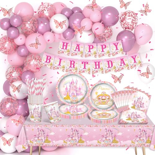 158 pièces papillon princesse fête vaisselle ballon set, fée anniversaire décoration set, princesse décoration ballon assiette en carton set pour fête, anniversaire fête assiette en carton décoration