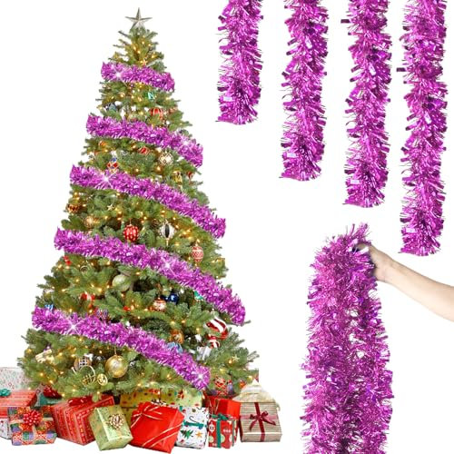 6 Stück x 2M Weihnachten Lametta Girlande, Lametta Girlande Weihnachtsgirlande, Glitzernd Girlande Weihnachten Innen-Und Außen für Weihnachtsbaum Weihnachtsfeier, Lametta Weihnachtsdekoration Rosa