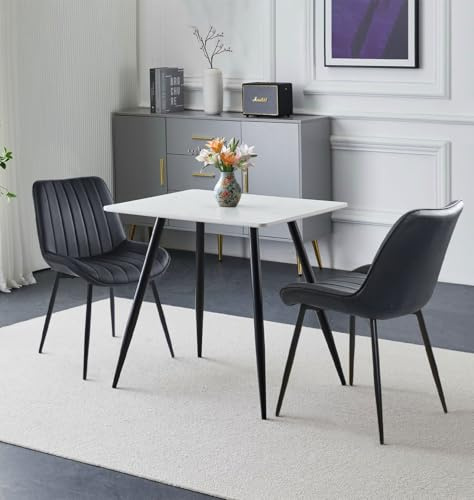 Hallowood Furniture Cullompton Small Dining Table and Chairs Set 2 80x60cm | White Marble Effect Compact Kitchen Table and Chairs in Black PU Leather with Metal Legs, Dining Room Sets for Home and Café