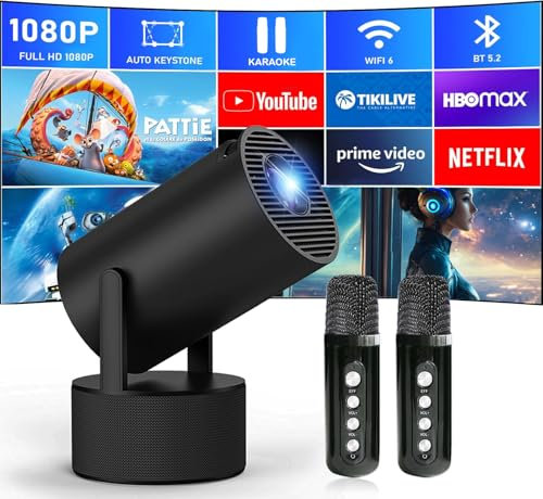 Mini Projecteur Video, Videoprojecteur 4K avec Microphones de karaoké, Retroprojecteur Portable Correction Automatique du Trapéze, 180 Degrés, 130 Pouces Convient pour téléphone/PC/HDMI USB