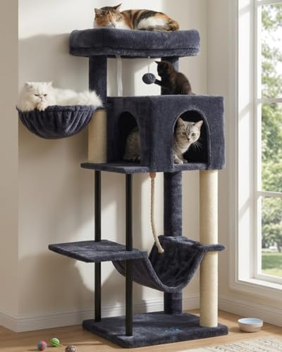 Gitelsnour Kratzbaum, Katzenbaum für Innenbereich, 110 cm Katzenkratzbaum mit stabilen Metallrohren, Katzenhängematte, Katzenhaus für kleine Katzen und Kätzchen, Rauchgrau GCT004SG-2