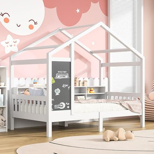 PerGar Kinderbett Hausbett 90 x 200 cm Holzbett, Hausbett mit Lattenrost und Tafel, Babybett aus Massivholz, Jugendbett Für Kinderzimmer Funktionsbett Weiß, Ohne Matratze