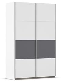 Rauch Möbel Oxford, Schiebetürenschrank, Kleiderschrank, Schrank, Garderobe, 2-türig, Zubehör Classic, 4 Einlegeböden, Farbe Weiß/Grau metallic, Schwarz, Griffleisten Alufarben, 131x210x59cm