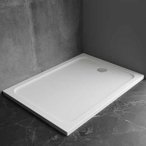 Duschwanne 80 x 100 cm Duschtasse Super Flach für Dusch Duschkabine in Weiß Rechteckig aus Sanitäracryl, Duschwanne Komplett inkl. Ablaufgarnitur