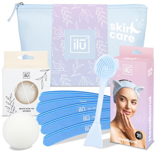 Ilū - Weiches Stirnband Für Make-up Silikon-gesichtsbürste Zur Porenreinigung Konjac Schwamm Für Sanftes Hautpeeling Doppelseitiger Nagelbuffer Und Vegane Kosmetiktasche
