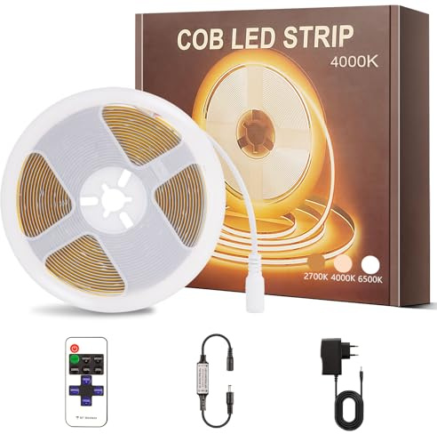 PSTAR COB LED Streifen 4M, Neutralweiß 4000K Selbstklebend LED Strip 320LEDs/m 8mm Breite, mit RF Fernbedienung und Netzteil Flexibles helles Unterbaulicht für Fernseher, DIY Dekoration