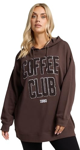 Yours Curve Chocolate Brown 'Coffee Club' Slogan Hoodie - Women's - Plus Size Curve