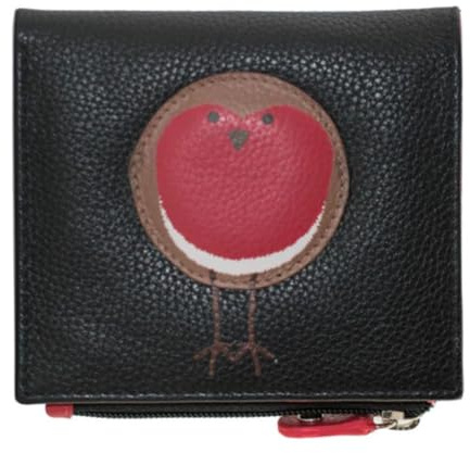 Mala Leather Bobbie Robin Bird Small Purse Genuine Leather Wallet – RFID Protected – 5 Card Slots, ID Window, Coin & Note Pockets – Gift Dust Bag – 10 × 9 × 2 cm – Black & Red