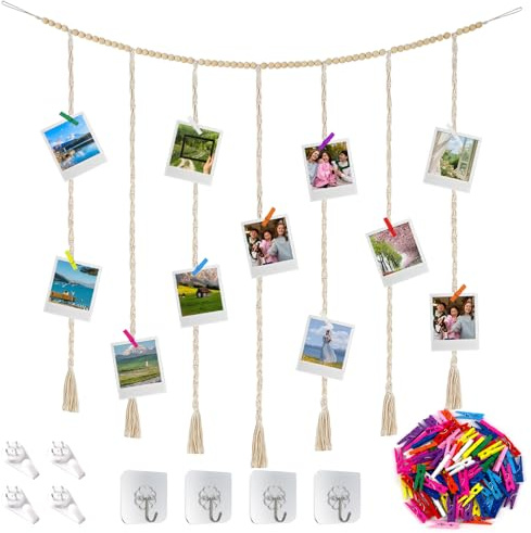 Rebanky 2 Pièces Présentoir Photo à Suspendr 120 cm Porte Photo Mural Bois Corde avec 100 Pinces Support photo en Bois et Corde décoration Murale Bohème pour Décoration de Maison, Chambre, Salon
