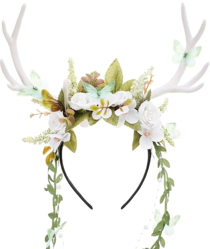 MOSTORY Waldfee Geweih Kopfschmuck Stirnband für Faschingskostüme, Hirschgeweih Haarreif mit Blumiges Ranken und Schmetterling für Cosplay Renaissance Accessoires
