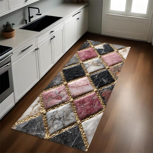 Rosa Küchenläufer 60 x 180 cm Geometrische Linien aus Marmor rutschfest Waschbar Küchenteppich Pflegeleicht Teppich Läufer für Küche Flur Eingangsbereich Esszimmer