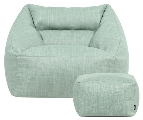 Icon Natalia Outdoor Sitzsack Sessel mit Hocker für Erwachsene, Salbeigrün, Stoff für Drinnen und Draußen, Riesen Sitzsack mit Füllung, Bequemer Sessel, Garten, Terrasse, Lounge, Wohnzimmer Möbel