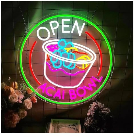 SHENHUO lampe au néon D'Ambiance Apaisante Lampe Enseigne Au Néon Acai Bowl Open pour Vitrine, Fenêtre, Porte en Verre, Magasin, Bar, Salon