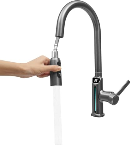 Robinet de cuisine extensible gris avec affichage de la température LED, robinet d'évier extensible, rotatif à 360°, 3 types de jet, mitigeur monocommande pour évier, montage monotrou