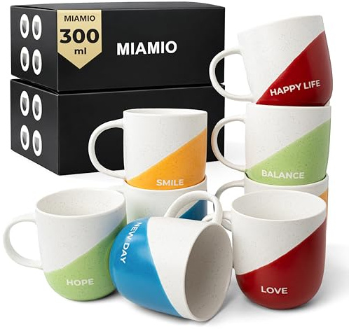MIAMIO - Geschenk Tassen Set/Kaffeebecher Set / 8x Tassen mit Sprüchen | Tassen Geschenk Set / Kaffeebecher mit Sprüchen 8er Set für Kaffee, Tee als Geschenk für Familie, Freunde, Frauen und Männer