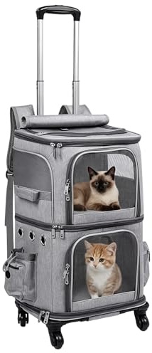 Katzenrucksack Große Katzen, Transportbox Katze für 2 Katzen bis 12kg, Katzentransportbox mit Abnehmbare Rollen, Hunderucksack für Wandern, Reisen, Grau