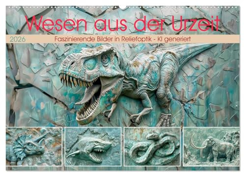 Wesen aus der Urzeit (Wandkalender 2026 DIN A2 quer), CALVENDO Monatskalender: Faszinierende Reliefbilder - KI generiert (CALVENDO Tiere)
