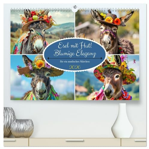 Esel mit Hut! Blumige Eleganz für ein modisches Märchen (hochwertiger Premium Wandkalender 2026 DIN A2 quer), Kunstdruck in Hochglanz: Stilvolle Esel ... in Hut die Modewelt erobert! (CALVENDO Tiere)