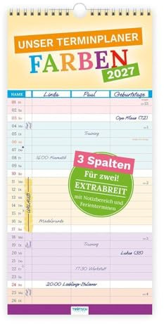 TRÖTSCH - Unser Terminplaner Farben 2027: Wandkalender mit 3 Spalten