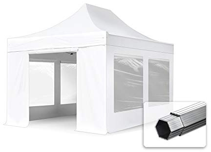 TOOLPORT Faltzelt Professional 3x4,5 m Faltpavillon mit Seitenteilen (Panoramafenster) ALU Pavillon Partyzelt schwer entflammbar weiß