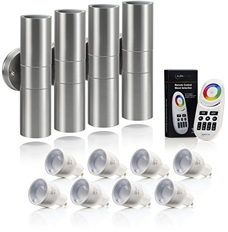 Auraglow Up and Down Wall Lights Stainless Steel, Colour Bulbs, 4 Pack | IP44 outdoor sconce bundle, smart GU10 LED and remote included, 8 modes, dimmable, for porch and house front