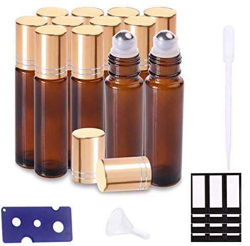 SUXNOS Bouteilles à rouleaux d'huiles essentielles Bouteilles en verre ambré marron Balles à roulettes en acier inoxydable 10ml avec Réutilisable 12 PCS pour l'huile d'arôme et l'huile de parfum