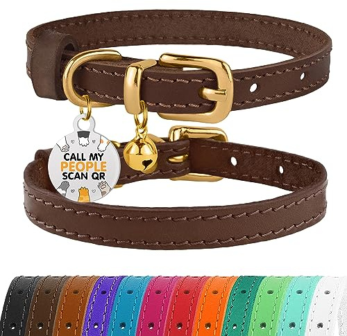 BRONZEDOG Leather Cat Collar with Removable QR-ID Tag – Kitten Collar with Bells, Non-Breakaway, for Girls & Boys (23-28 cm, Brown & Gold)