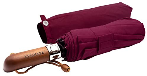 Ombrello Pieghevole Automatico - 10 Steli Rinforzati, Teflon 300T, Antivento, Manico in Legno Ergonomico, Compatto 480g - Per Uomini & Donne (Granata)