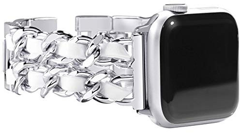 NewWays Women Metal Strap Compatible for Apple Watch 46mm 45mm 44mm 42mm(Series 3 2 1),Stainless Steel Link Bracelet for iWatch Series 11/10/9/8/7/6/5/4/3/2/1/SE,Silver Link with White Leather