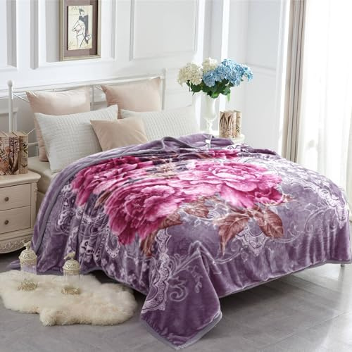 JYK Korean Faux Mink Fleece Blanket 83 X 91, 5.7 LB - 2 Ply Reversible Soft Warm Plush Flannel Blanket, A&B Pattern Printed Embossed Microfiber Blanket, (Light Purple Peony/Peony, King)