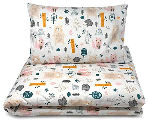 Balbina Parure de Lit Bébé 100x135cm Housse de Couette 40x60cm Taie d'Oreiller 100% Coton Fermeture Éclair (Animaux de la Forêt Colorés)