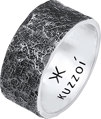 Kuzzoi Herrenring (10 mm) Massiv Handgeschmiedet, Bandring für Männer aus 925 Sterling Silber, Cooler Silberring im Used Look, Ring mit rustikaler Struktur oxidiert, Ringgröße 66, 0609652220_66