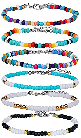 SAVITA Bracelets de cheville perlés faits à la main, perles de verre de bohème colorées bracelets de cheville chaîne réglable cadeaux de fil élastique, Medium, perles de verre, matériau de bande de