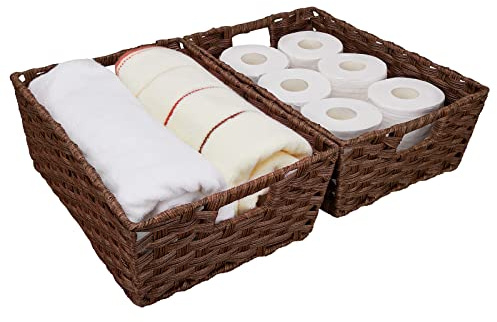 Onlytak Large Wicker Storage Basket, Metal Frame, Set of 2, Washable Waterproof, 15 x 10.3 x 5.2, Brown Color, Woven Basket for Pantry, Toilet, Bathroom, Bedroom, Patio