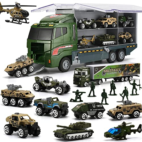 26 en 1 Camion Militaire avec Ensemble de Soldats,Jouet de l'Armée Véhicule de Transport à Double Face pour Enfant Garçon Fille,Mini Véhicule Militaire Moulé sous Pression dans Un Camion Porteur